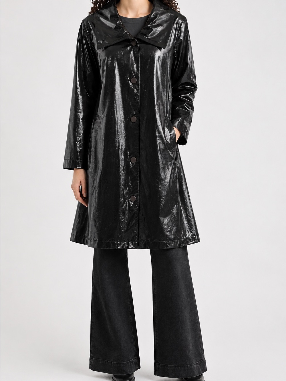 Linda Lundström Black Faux Leather Button-Up Coat | Made in Canada | Size 8